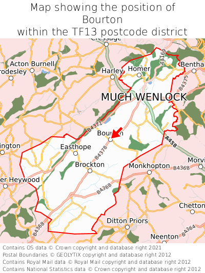 Map showing location of Bourton within TF13