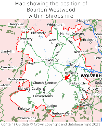 Map showing location of Bourton Westwood within Shropshire
