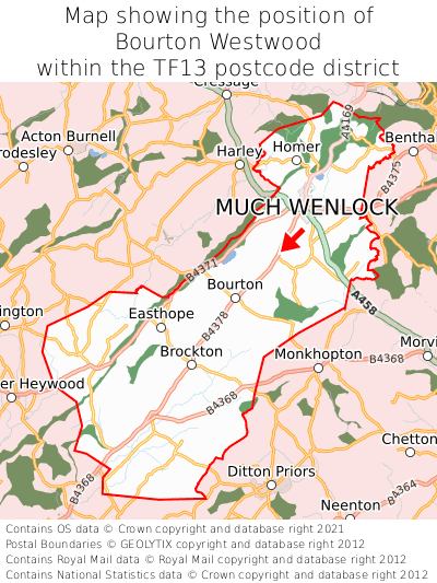 Map showing location of Bourton Westwood within TF13