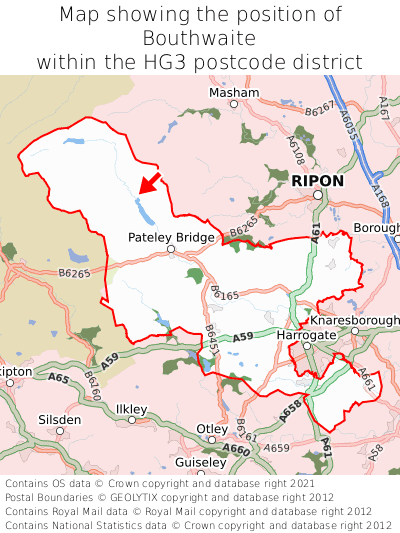 Map showing location of Bouthwaite within HG3