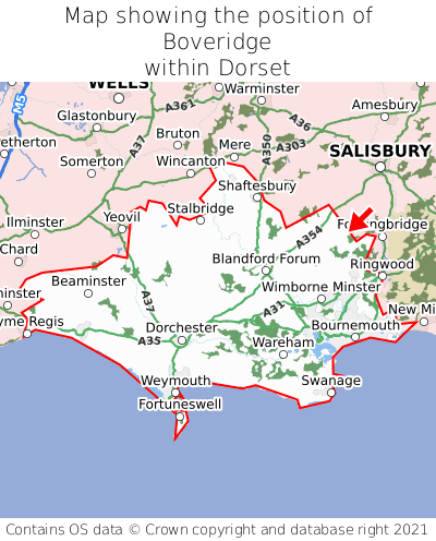 Map showing location of Boveridge within Dorset