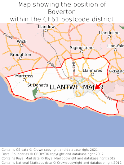 Map showing location of Boverton within CF61