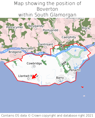 Map showing location of Boverton within South Glamorgan