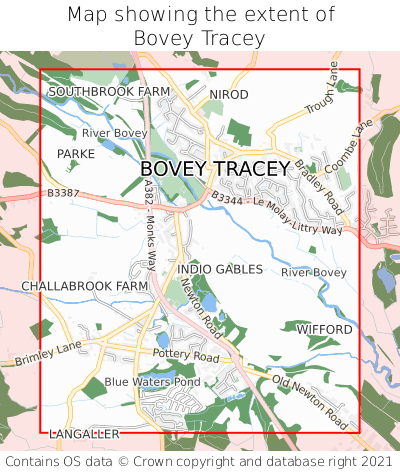 Map showing extent of Bovey Tracey as bounding box