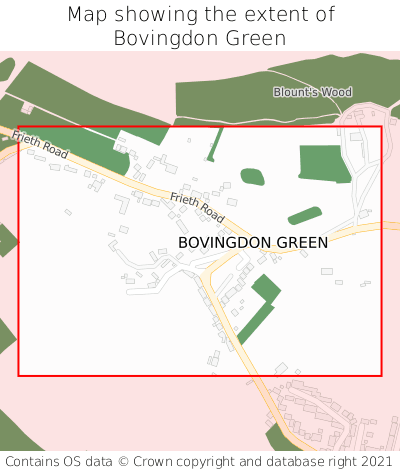 Map showing extent of Bovingdon Green as bounding box