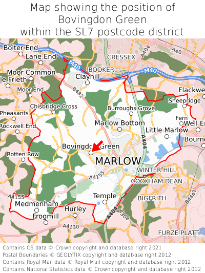 Map showing location of Bovingdon Green within SL7