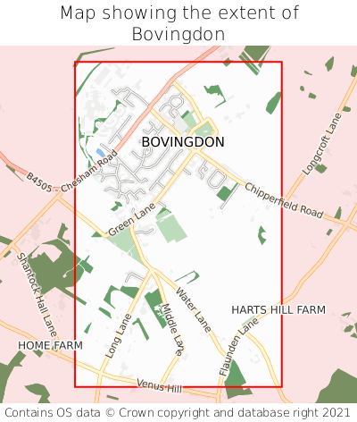 Map showing extent of Bovingdon as bounding box