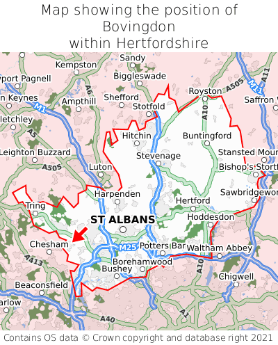Map showing location of Bovingdon within Hertfordshire