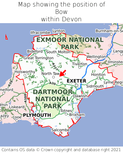 Map showing location of Bow within Devon
