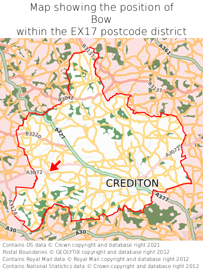 Map showing location of Bow within EX17