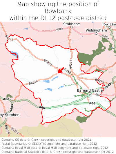 Map showing location of Bowbank within DL12