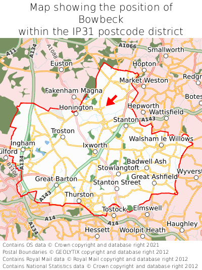 Map showing location of Bowbeck within IP31