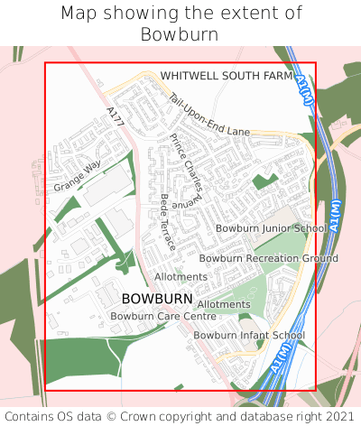 Map showing extent of Bowburn as bounding box