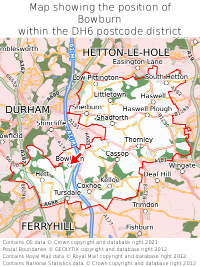 Map showing location of Bowburn within DH6