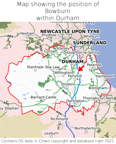 Map showing location of Bowburn within Durham