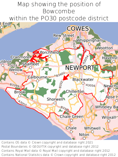 Map showing location of Bowcombe within PO30