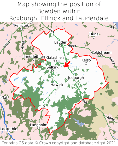Map showing location of Bowden within Roxburgh, Ettrick and Lauderdale