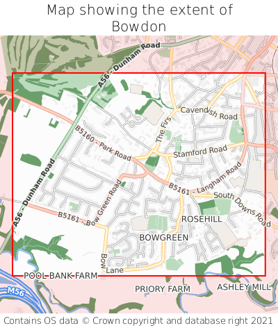 Map showing extent of Bowdon as bounding box