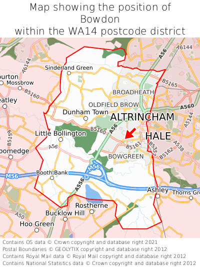 Map showing location of Bowdon within WA14