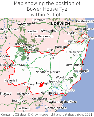 Map showing location of Bower House Tye within Suffolk