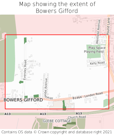 Map showing extent of Bowers Gifford as bounding box