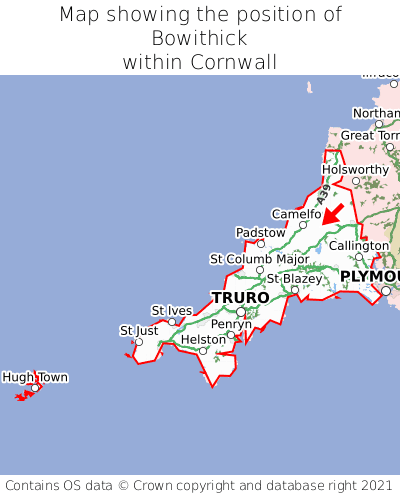 Map showing location of Bowithick within Cornwall