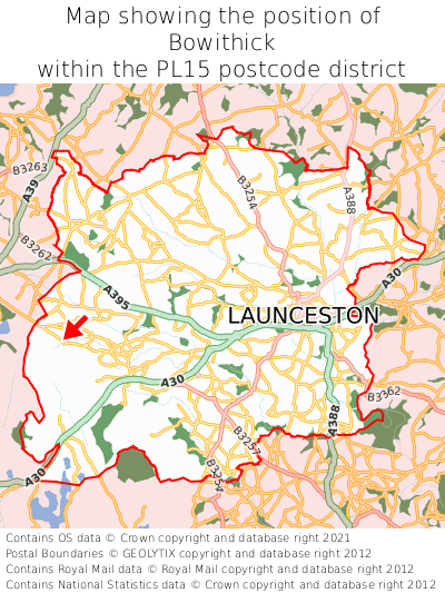 Map showing location of Bowithick within PL15