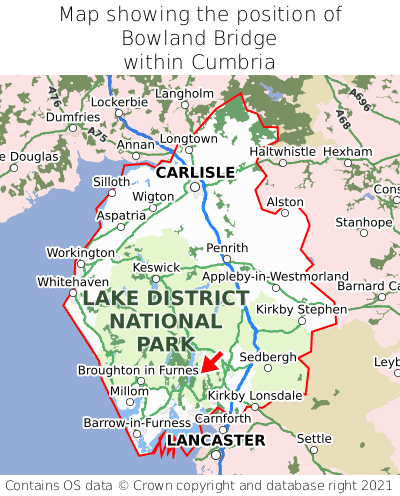 Map showing location of Bowland Bridge within Cumbria