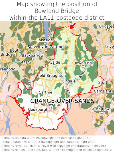 Map showing location of Bowland Bridge within LA11