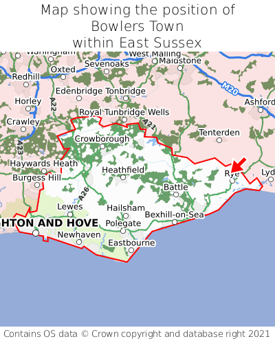 Map showing location of Bowlers Town within East Sussex