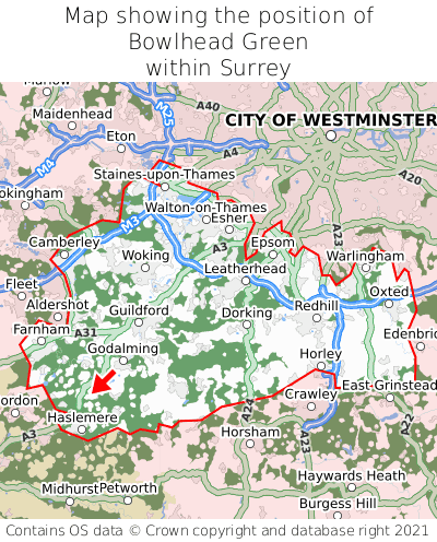 Map showing location of Bowlhead Green within Surrey