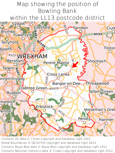 Map showing location of Bowling Bank within LL13