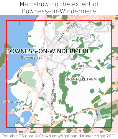 Map showing extent of Bowness-on-Windermere as bounding box