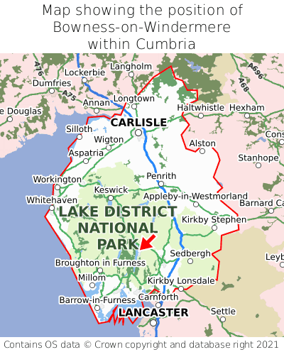 Map showing location of Bowness-on-Windermere within Cumbria