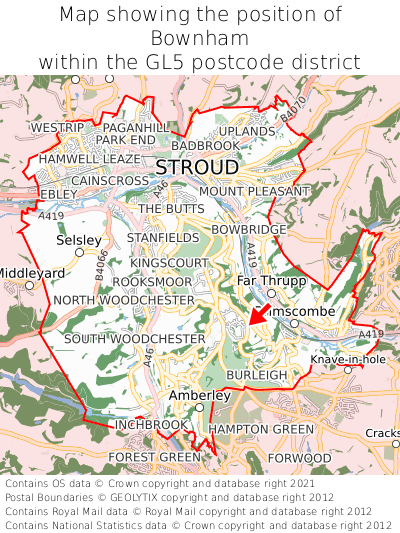 Map showing location of Bownham within GL5