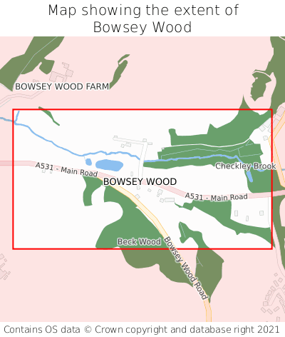 Map showing extent of Bowsey Wood as bounding box