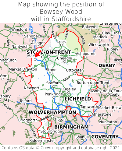 Map showing location of Bowsey Wood within Staffordshire