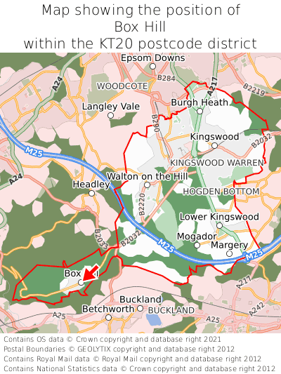 Map showing location of Box Hill within KT20