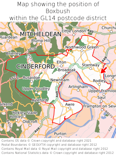 Map showing location of Boxbush within GL14