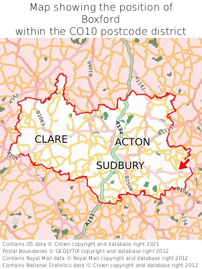 Map showing location of Boxford within CO10