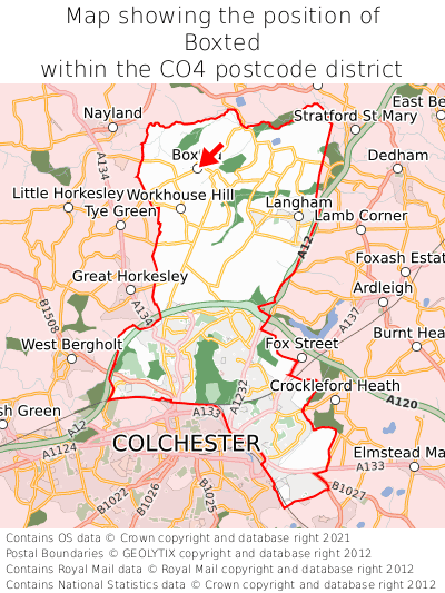 Map showing location of Boxted within CO4