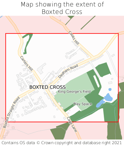 Map showing extent of Boxted Cross as bounding box