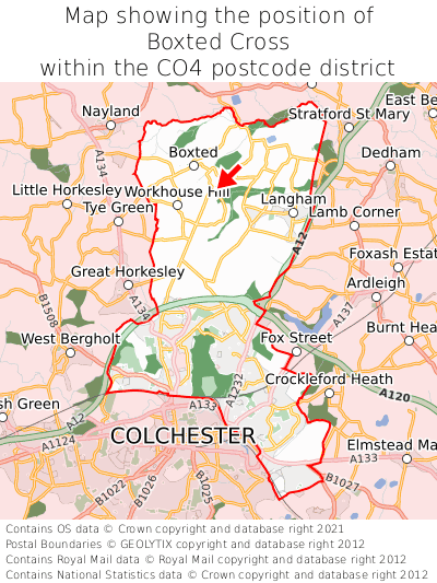 Map showing location of Boxted Cross within CO4
