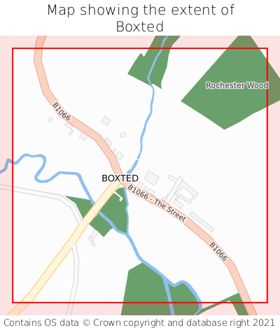 Map showing extent of Boxted as bounding box