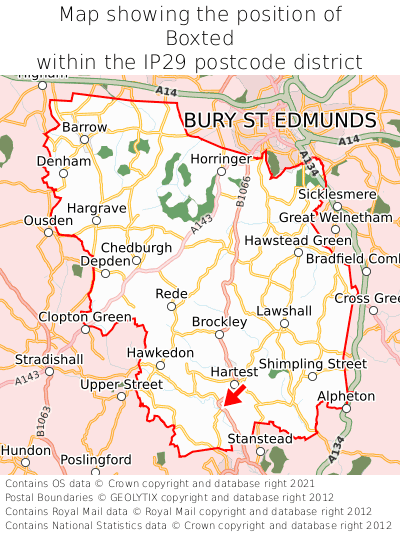 Map showing location of Boxted within IP29