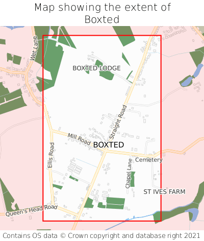 Map showing extent of Boxted as bounding box