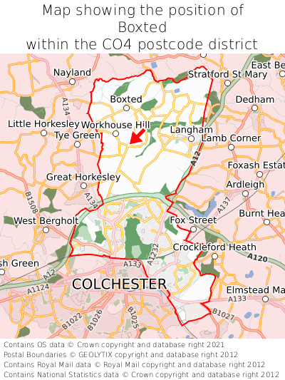 Map showing location of Boxted within CO4