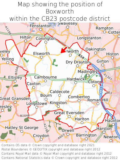 Map showing location of Boxworth within CB23