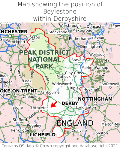 Map showing location of Boylestone within Derbyshire