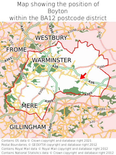 Map showing location of Boyton within BA12